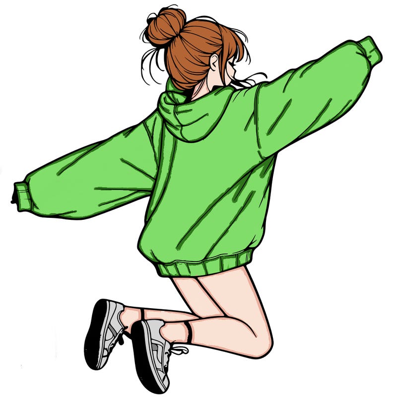 realistic girl jumping with a bun and oversized sweatshirt