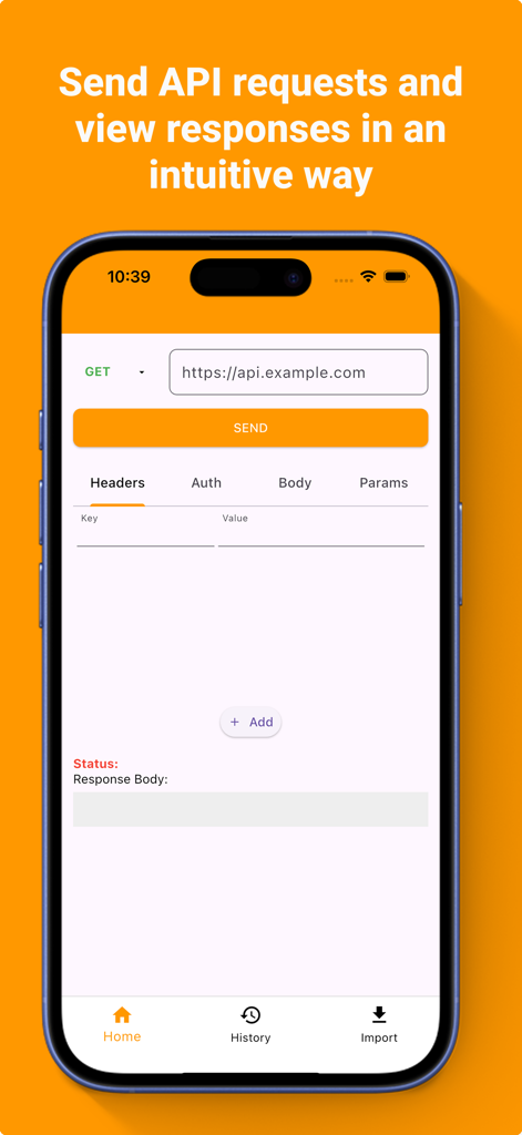 Interfaz móvil de Postman API Client mostrando la configuración de una solicitud HTTP GET con campo de URL y botón de envío