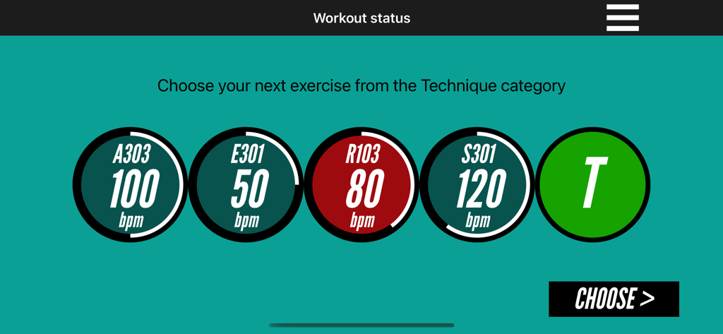 Bass Gym with MarloweDK - The workout status screen of the Bass Gym app showing a selection of practice exercises with different bpm settings.