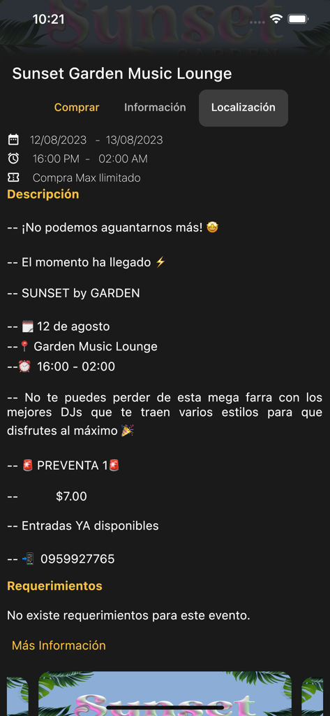 Bee App Ecuador - Bee App Ecuador event page for Sunset Garden Music Lounge showing ticket price and description