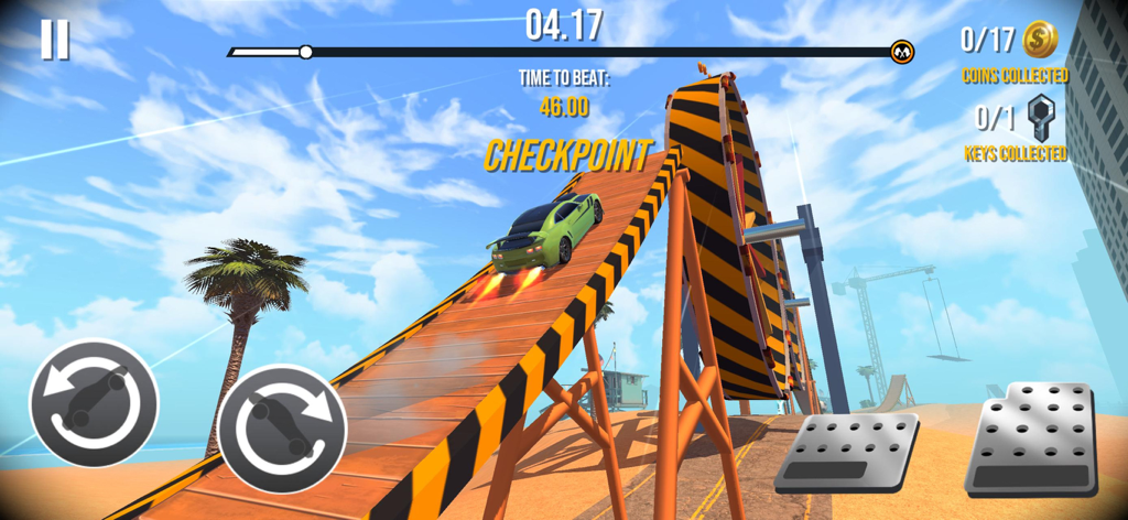 Stunt Car Extreme - Un coche deportivo verde conduciendo por una rampa de madera hacia un gran bucle en Stunt Car Extreme