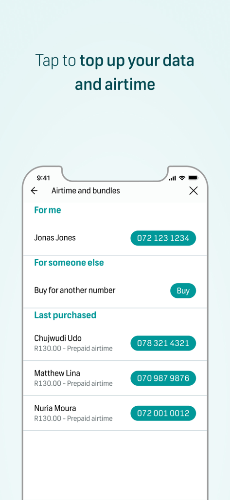 FNB Banking App - A mobile interface for topping up data and airtime for yourself or others within the FNB Banking App.