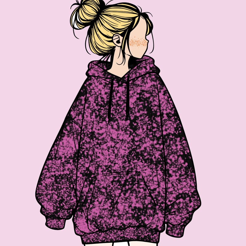 realistic girl with a oversized sweatshirt on and a bun