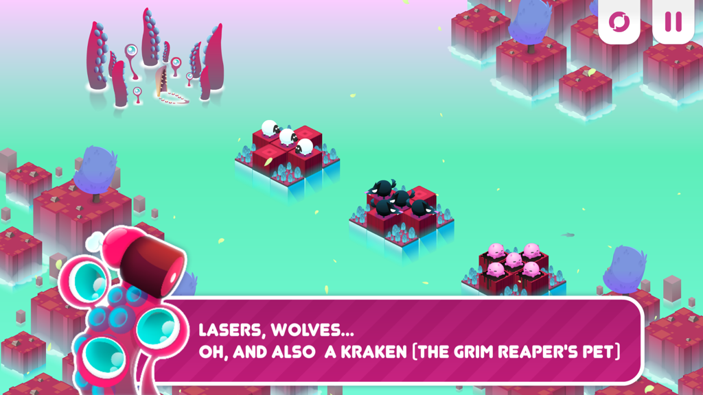 Nivel de puzle en Divide By Sheep con ovejas en islas y un kraken al fondo.