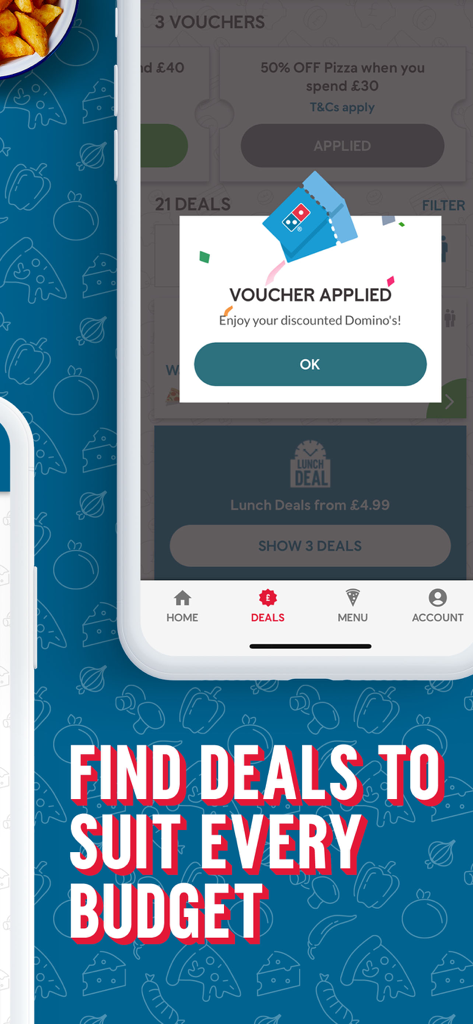 Domino's Pizza Delivery UK&ROI - A smartphone showing the Domino's Pizza app with a Voucher Applied confirmation message over a list of available deals and discounts.