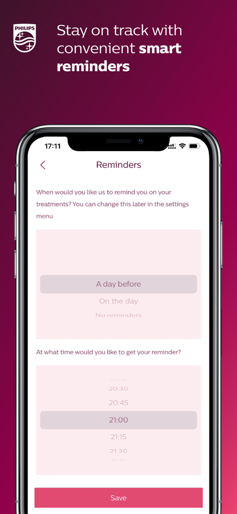 Philips Lumea IPL - Screen showing how to set smart reminders for IPL treatments in the Philips Lumea app