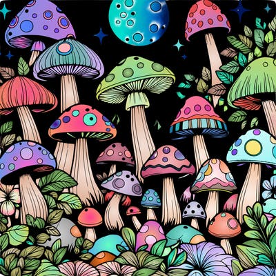 realistic mushroom garden at night