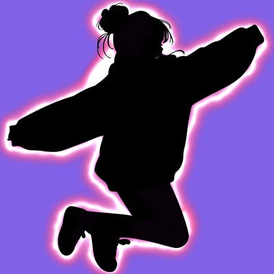 realistic girl jumping with a bun and oversized sweatshirt