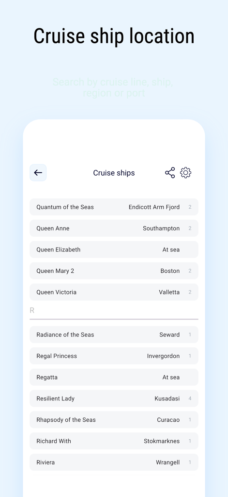 CruiseLegend - A list of cruise ships and their current locations shown in the CruiseLegend app.