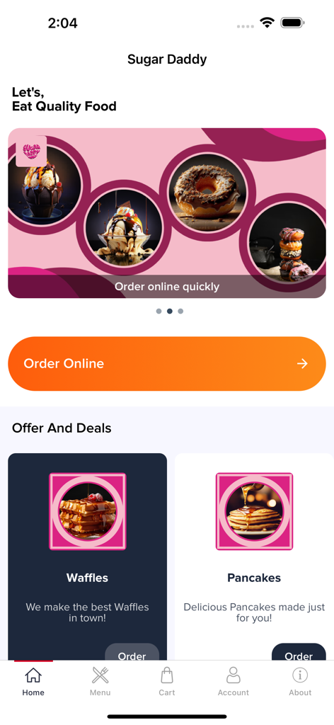 Schermata principale dell'app Sugar Daddy Online che mostra offerte di waffle e pancake con un pulsante 'ordina online'
