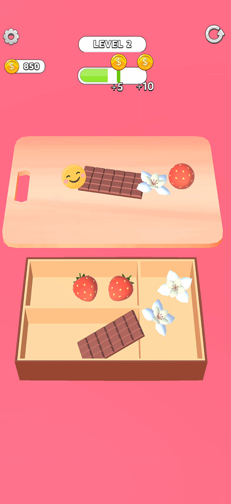 Ice Cream Inc. - A gameplay screenshot of Ice Cream Inc showing various toppings like chocolate bars and strawberries on a cutting board ready for selection.