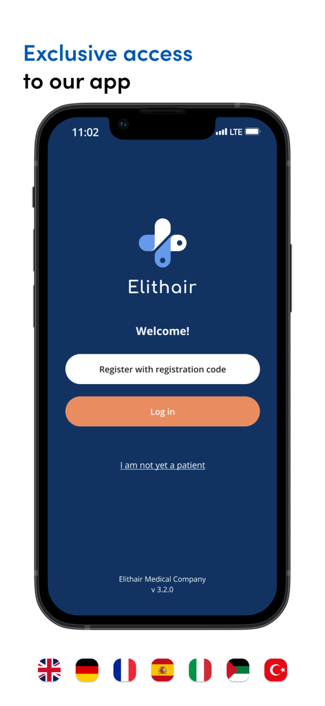 Elithair - Welcome screen of the Elithair mobile app with login and registration buttons