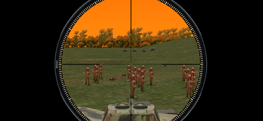 Zombie Battle 3D - First person sniper scope view targeting a group of zombies in an apocalyptic field