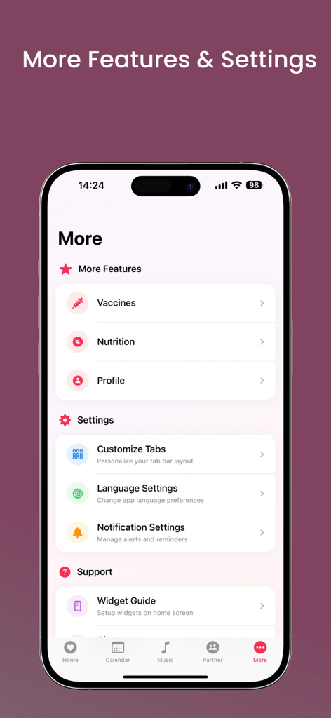 MaMaTrack: Mom's Journey - Captura de pantalla del menú Más de la aplicación MaMaTrack que muestra opciones para vacunas, nutrición, configuración de idioma y gestión de notificaciones
