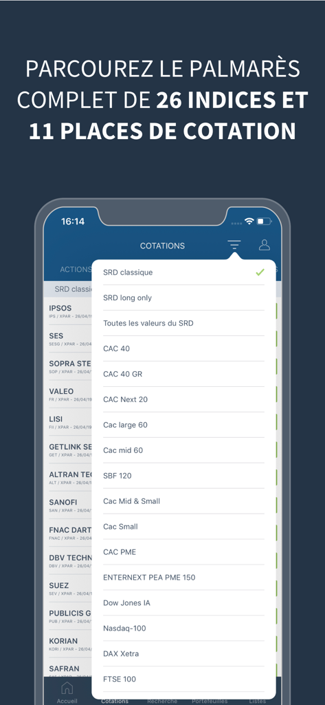 Pantalla móvil de la app Investir mostrando un menú con varios índices bursátiles como CAC 40 y Nasdaq