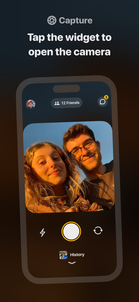 A screenshot of the Locket Widget app camera interface showing a selfie of a young couple.