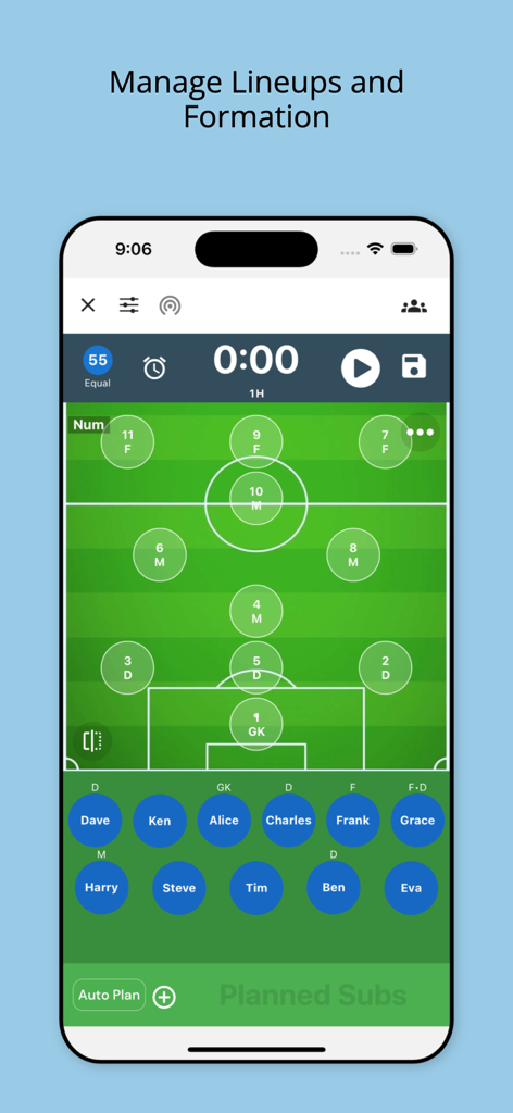 SubTime mobile app interface showing a soccer field with player positions and a bench list for managing team lineups and formations.