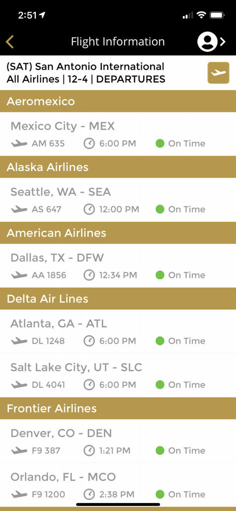 Peermont Hotels - Peermont Hotels app flight information screen showing airline departures from San Antonio International Airport