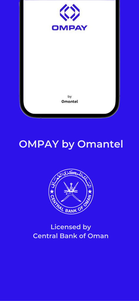 OMPAY - OMPAY by Omantel app screen showing its license by the Central Bank of Oman