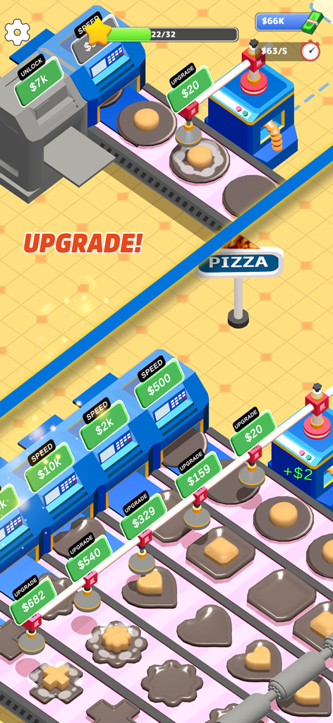 Idle Pizza Restaurant Tycoon - A production line in Idle Pizza Restaurant Tycoon showing machine upgrade options and conveyor belts.