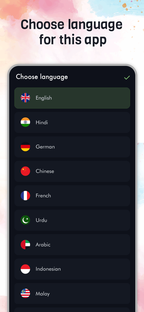 MX Video Player HD - Pantalla de selección de idioma en la aplicación MX Video Player HD que muestra opciones como inglés, hindi y alemán.