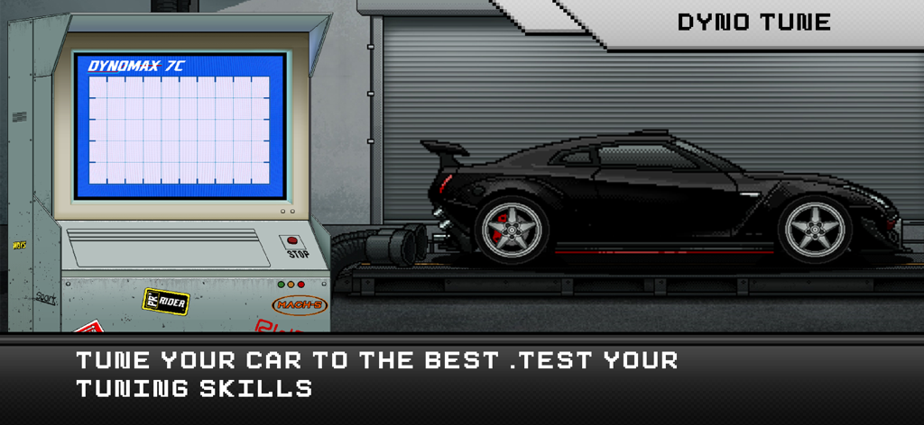 Coche de arte pixelado siendo probado en un dinamómetro en un garaje para ajuste de rendimiento.