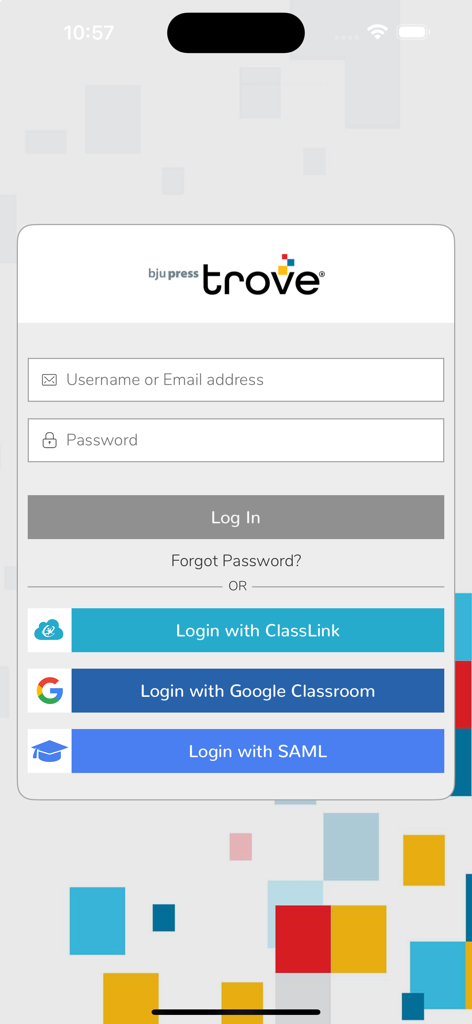 BJU Press Trove - BJU Press Trove mobile app login interface with username and SSO options
