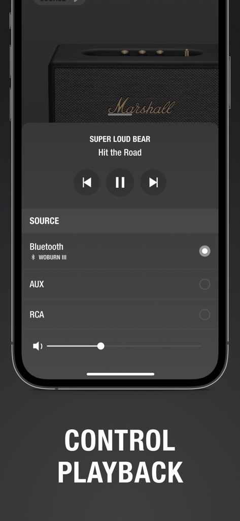 Marshall Bluetooth - Marshall Bluetooth app interface showing playback controls for a Woburn III speaker including volume and input source selection