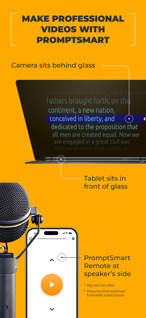 PromptSmart Pro - Teleprompter - Professional teleprompter setup using PromptSmart Pro with remote control and microphone.