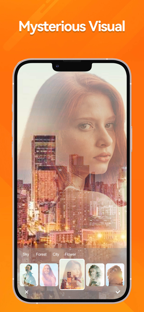 CamArt-Cut Out&Art Filters - CamArt app displaying a double exposure photo effect combining a woman's portrait with a city skyline.