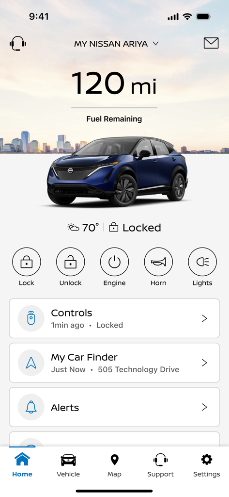 MyNISSAN® - MyNISSAN app home screen showing fuel range and remote vehicle controls