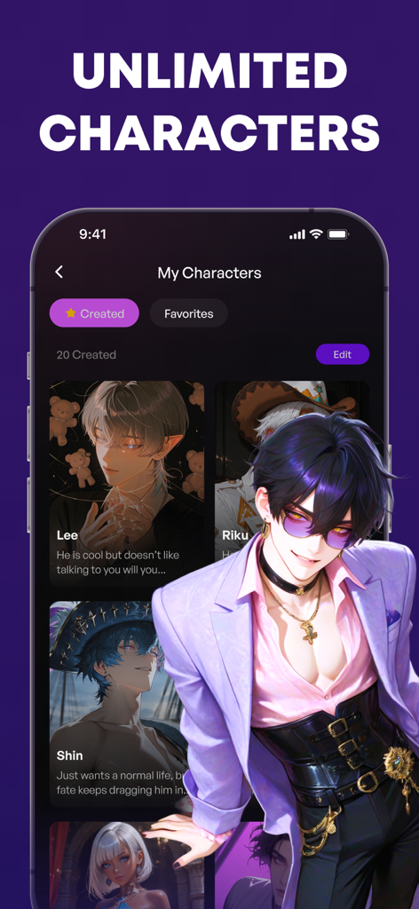 SoulHi: AI Live Roleplay Chat - SoulHi app screen showing a list of created AI characters with anime style illustrations