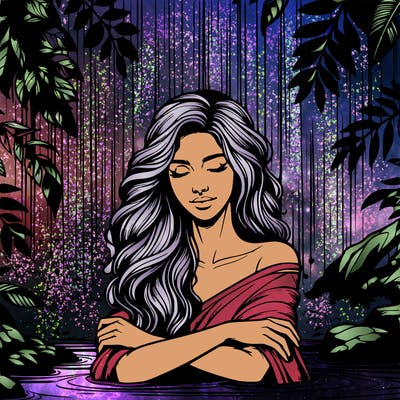 realistic female model under waterfall