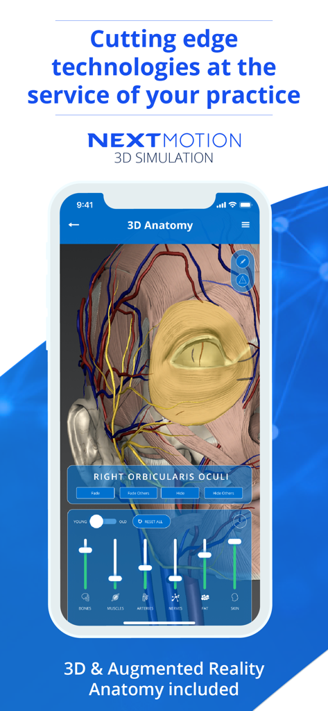 NextMotion 3D - 미용 시술자를 위한 얼굴 근육 및 조직의 상세한 3D 해부 모델을 보여주는 NextMotion 3D 앱 인터페이스