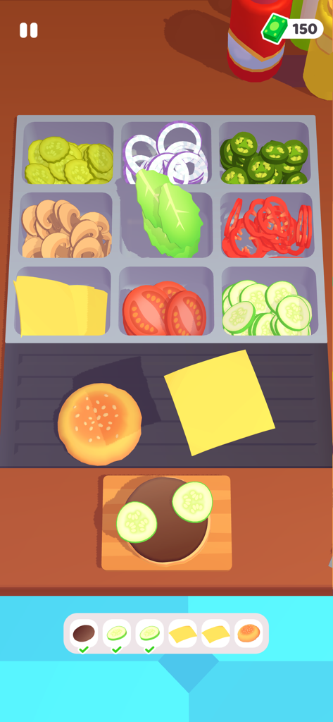 Mini Market - Cooking game - 様々な野菜トッピングや材料でハンバーガーが組み立てられている様子を示すモバイルゲームインターフェース。