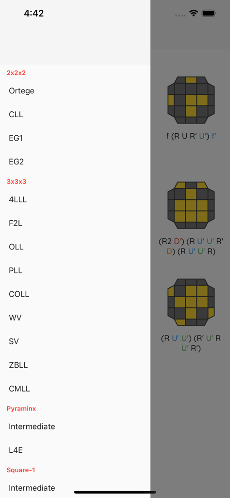 Cube Algorithms X - Screenshot of Cube Algorithms X app displaying a sidebar menu with categories like F2L OLL and PLL alongside 3D cube diagrams and notations
