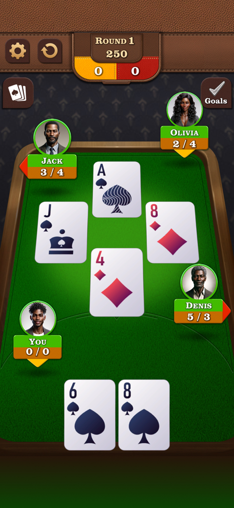 Gameplay screen of Spades Classic Card Game showing a four player match on a green tabletop