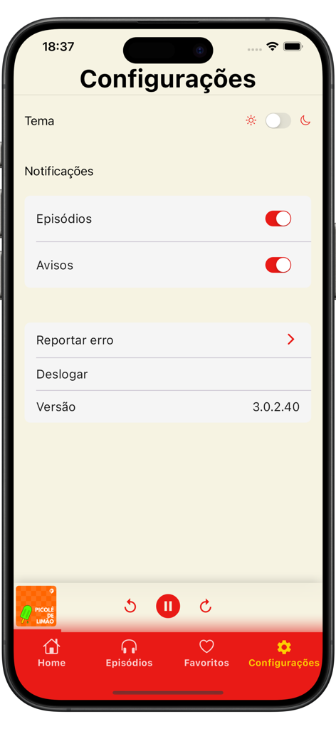 Menu de configurações do aplicativo móvel Não Inviabilize mostrando opções de notificação e tema.