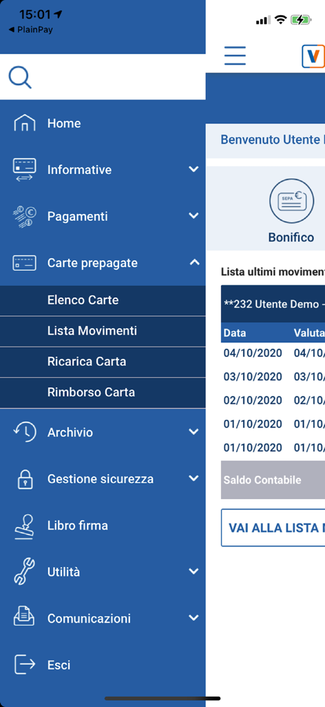 CoBa web mobile - Interfaccia dell'app CoBa web mobile che mostra il menu di navigazione principale con opzioni per pagamenti e gestione carte