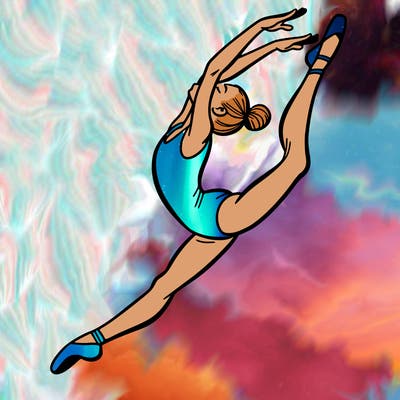 gymnast doing a leap in a leotard with a bent back leg