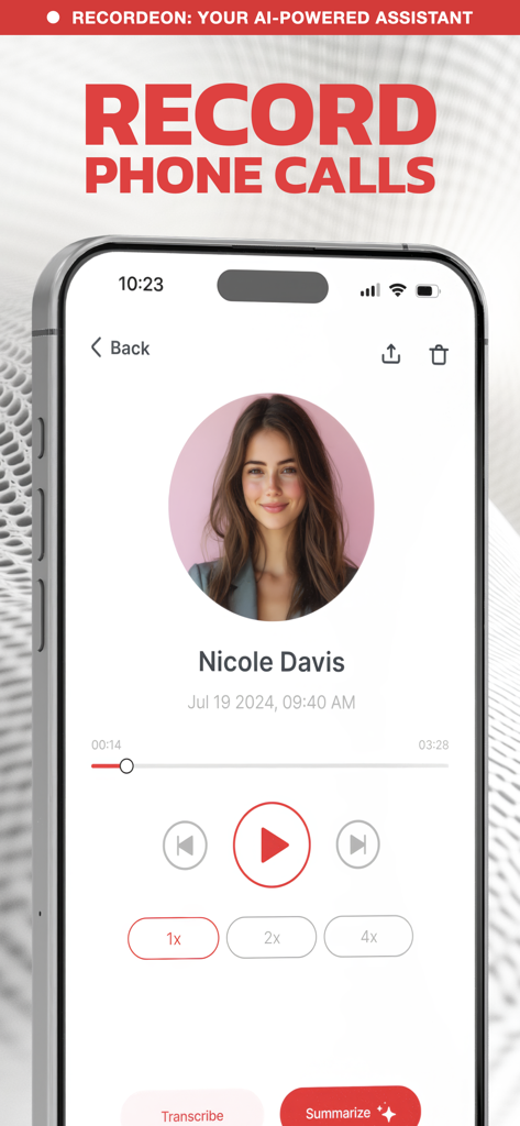 Interfaz de la aplicación Grabadora de Llamadas IA mostrando una llamada telefónica grabada con controles de reproducción y funciones de resumen IA