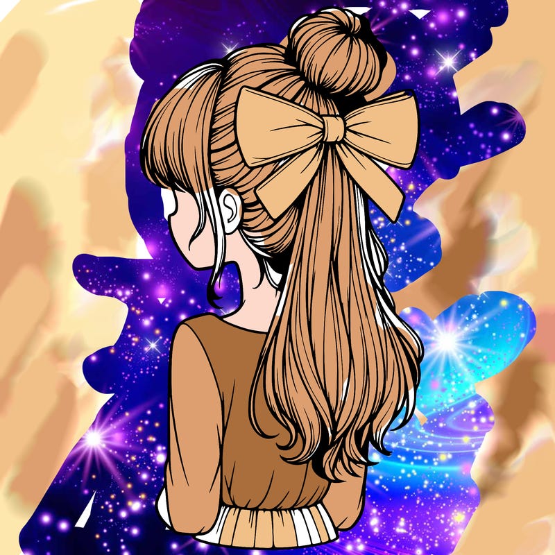 realistic girl  with hip length hair a bun and a big bow on the back of head