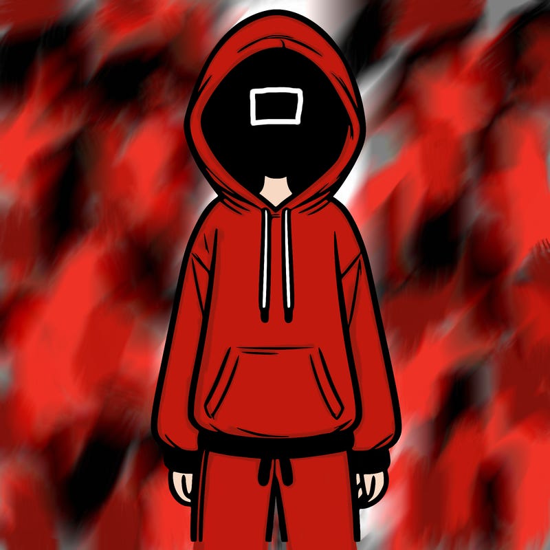 faceless girl in a tracksuit with a hood on and no hair