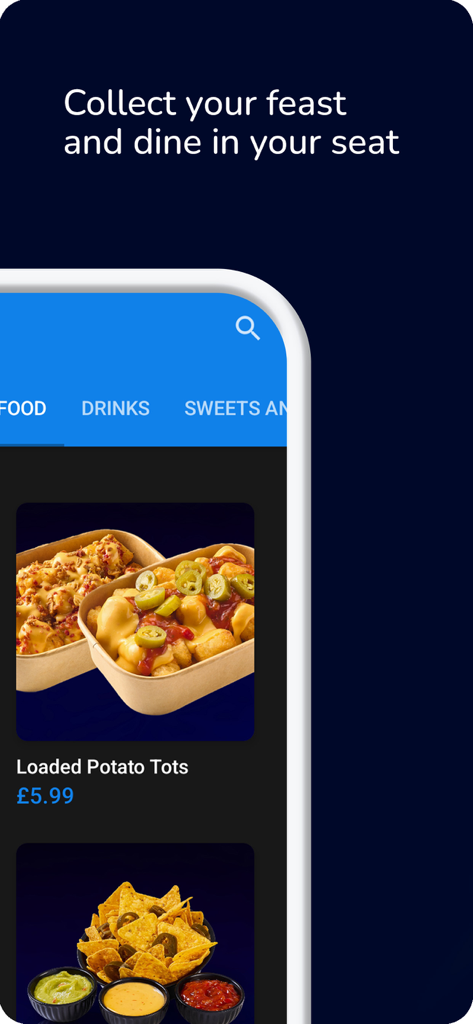 El menú de comida y bebidas en la aplicación ODEON que muestra patatas tot y nachos.