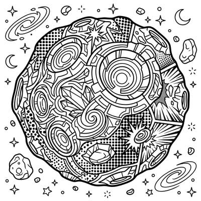 Blast off into a world of creativity with this unique Psyche Asteroid coloring page, brought to life with an energetic Pop Art flair. Perfect for space enthusiasts and art lovers alike, this design features striking visuals and intricate details ready for your vibrant touch.