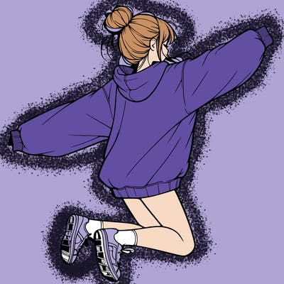 realistic girl jumping with a bun and oversized sweatshirt