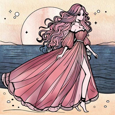 beautiful woman with a vaporous long dress walking on the beach at the noon, detailed art