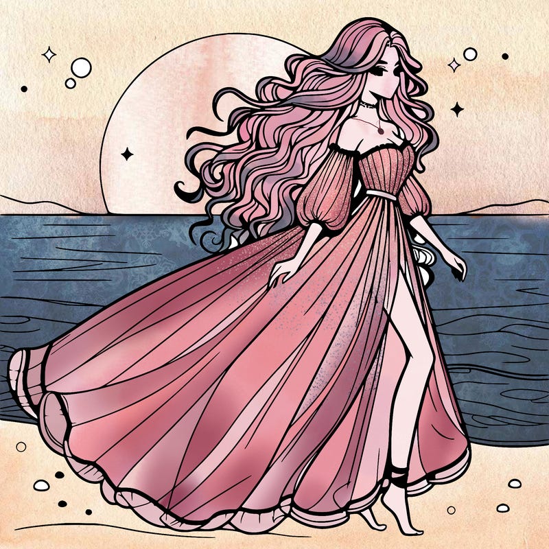 beautiful woman with a vaporous long dress walking on the beach at the noon, detailed art