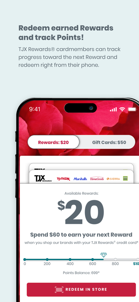 HomeGoods mobile app interface showing TJX Rewards points balance and a digital twenty dollar reward certificate ready for in-store redemption