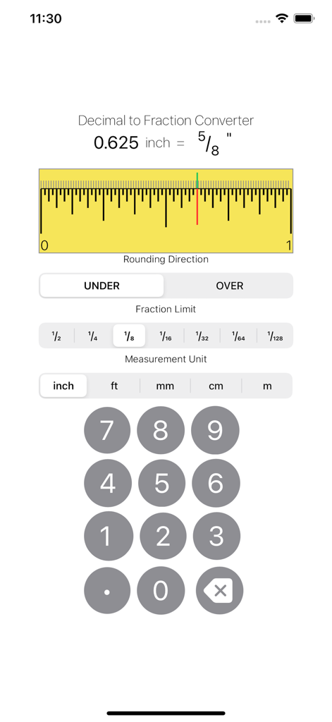 Inch Converter - Inch Converter app screen showing decimal to fraction conversion with a visual ruler and measurement units.